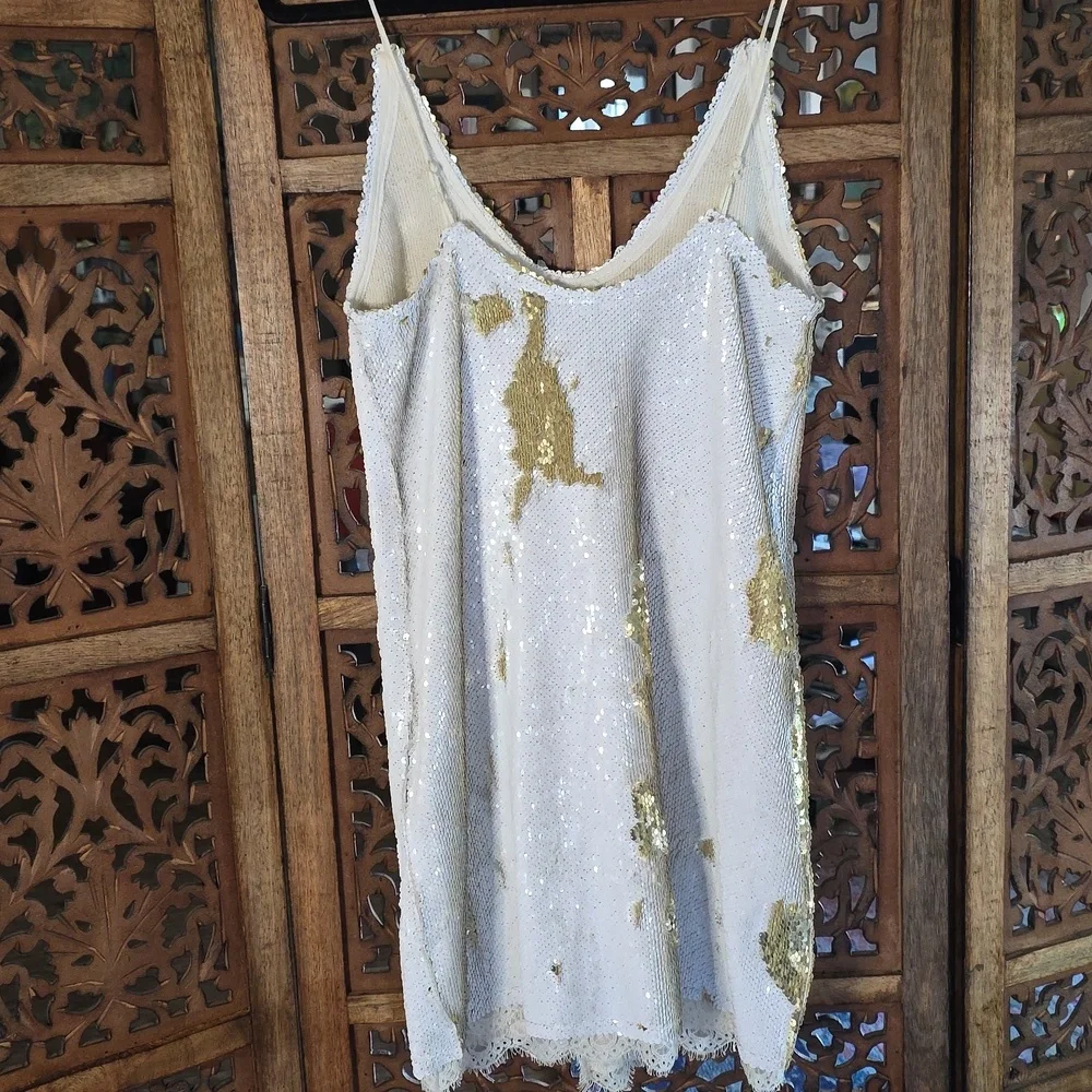 Free People White Gold Sparkle Sequin Mini Dress Size Medium